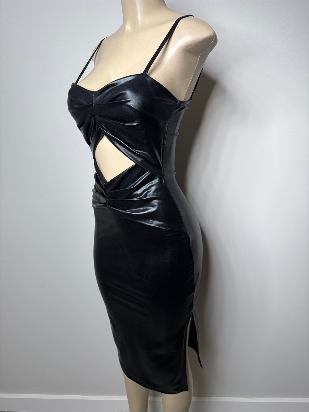 Strappy Black Faux Leather Midi Dress with Front Cutout - Picture 4 of 8